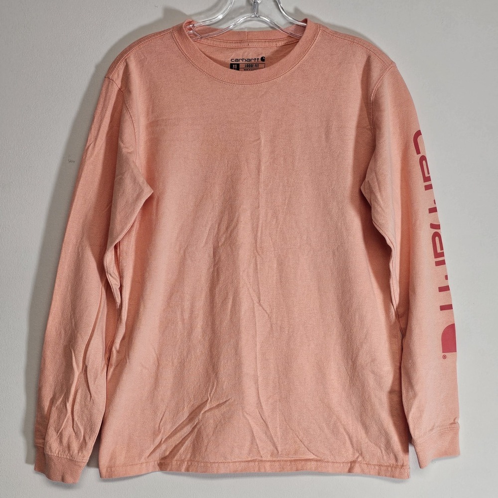 Carhartt Shirt Womens XS Orange Peach Loose Fit Long Sleeve Logo Casual T Shirt